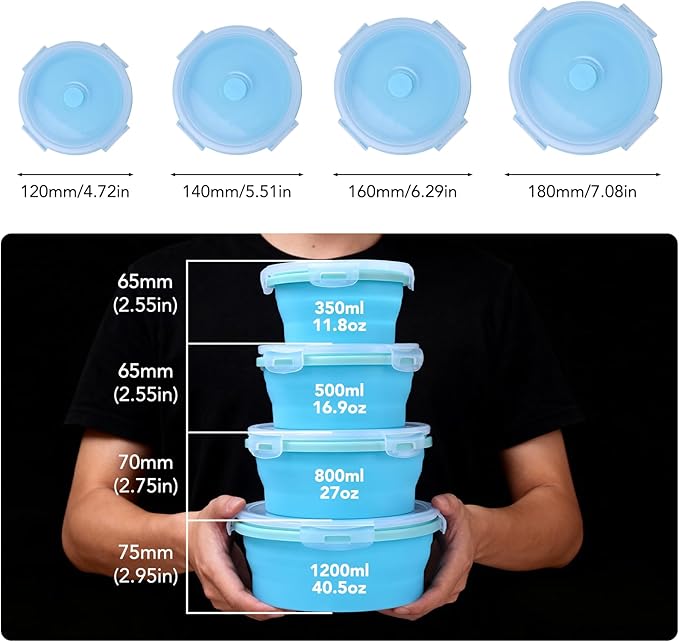 Square Collapsible Silicone Food Storage Containers 4-Piece Set, Air-Tight Leak-Proof Collapsible Bowls with Lids for Meal Prep, Office Lunch & Camping, Space-Saving Stackable Design(Blue)