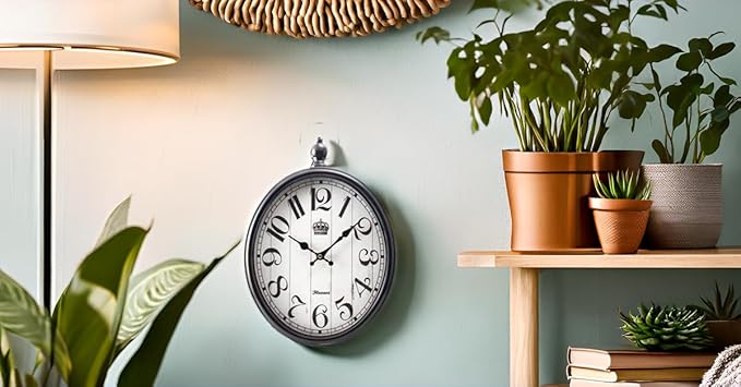 Oval Large Wall Clock Silent Non-Ticking Metal Battery Operated Retro Antique Design Rustic Vintage Style Decor for Living Room Kitchen Farmhouse 16 inch (Black, 16inches)