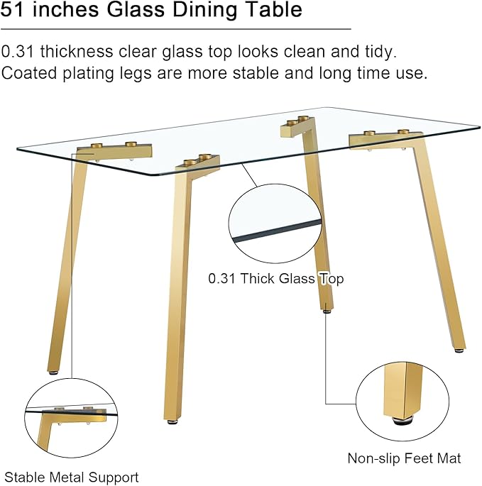 Dining Table Set of 4,51" Rectangle Tempered Glass Top with Golden Chrome Legs,Kitchen Room Table with 4 Grey Faux Leather Chairs,Dinner Table Set for Dining Room Office