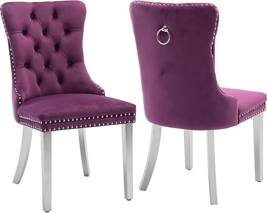 Luxury Upholstered Dining Chairs Set of 2, Purple Kitchen Chair with Silver Metal Legs, Velvet Tufted Back Dining Chair, Sillas de Comedor, Modern Kitchen & Dining Room Chairs (Purple, 2 Pcs)