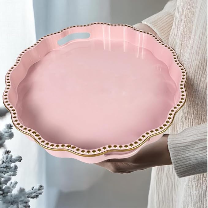 Pink Decorative Tray for Coffee Table, Wavy Scallop Beaded Plastic Serving Tray forKitchen Counter, Ottoman, Living Room, (13")