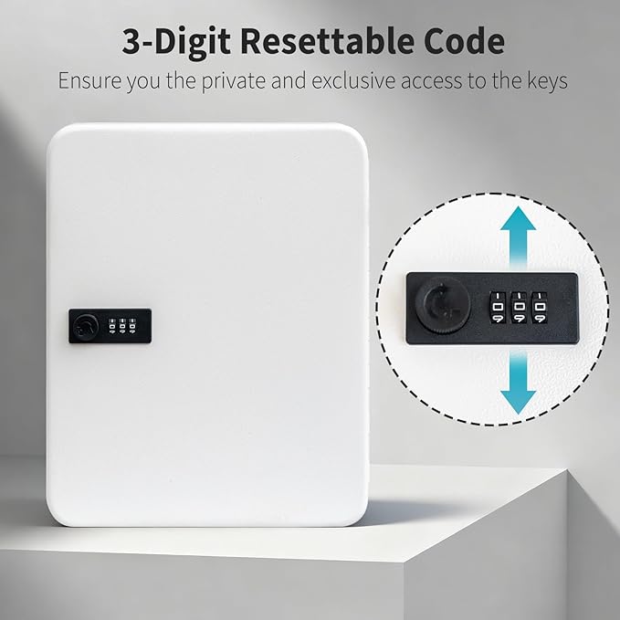 Key Cabinet Lock Box for 93 Keys, Wall Mounted White Security Storage Box Steel Key Organizer with Key Tag Labels Stickers and Hooks