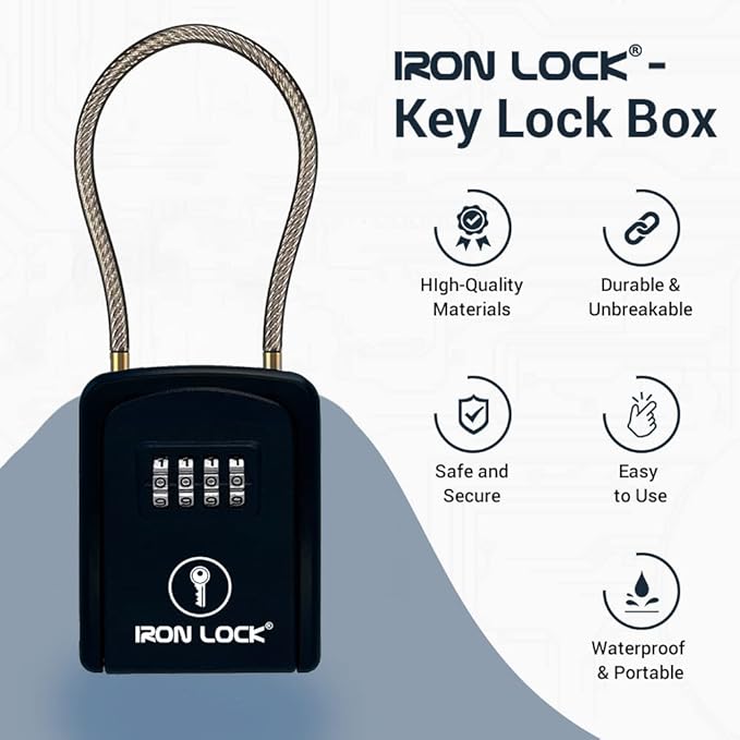 Iron Lock® Key Lock Box Portable with Cable Shackle – Small Waterproof Heavy-Duty Metal Safe with 4-Digit Combination for Spare Keys Outside on Door Knob, Fence, Pipe or Gate (Black, Small)
