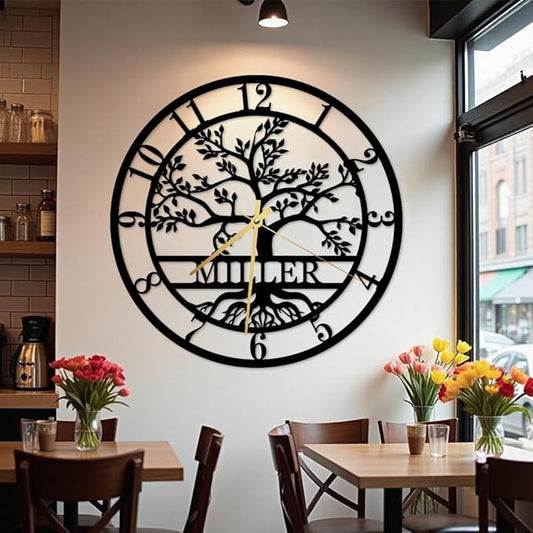 Custom Metal Tree of Life Wall Clock, Personalized Last Name Wall Decor, Silent Clock, Large Family Name Home Decor, Wall Hanging Olive Tree Sign, New Home Gift