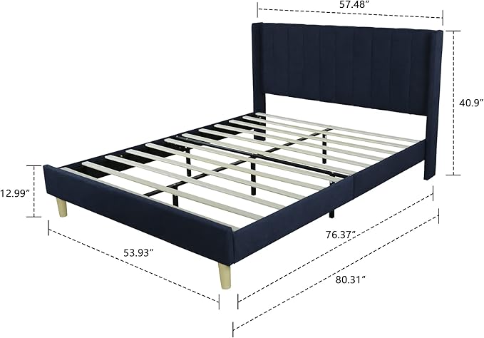 Low Profile Upholstered Platform Bed,Full Beds with Dark-Blue(Linen)