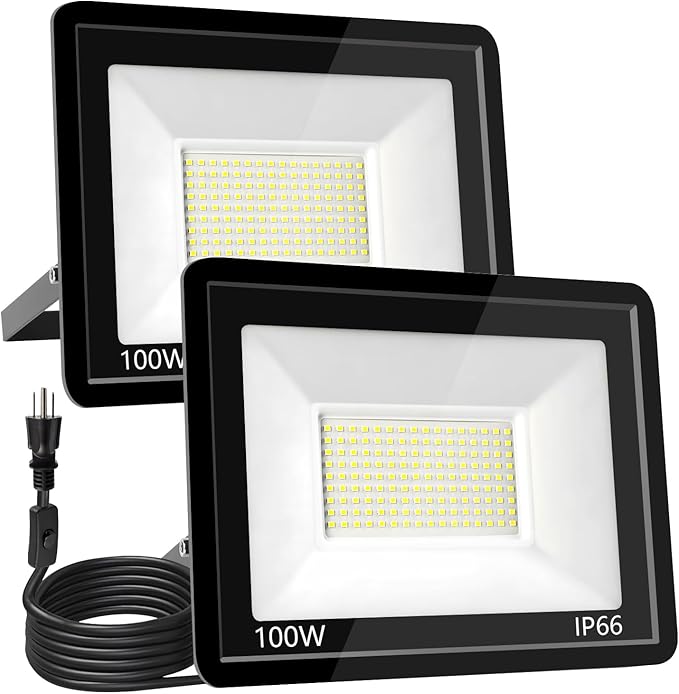 100W LED Flood Light Outdoor 6500K Daylight White,12000LM Super Brighter LED Work Light,IP66 Waterproof Security Light with Switch and Plug for Garage, Garden, Yard, Stadium 2Pack