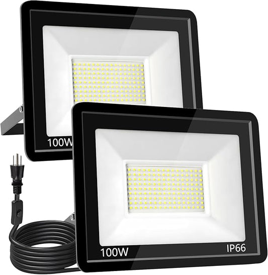 100W LED Flood Light Outdoor 6500K Daylight White,12000LM Super Brighter LED Work Light,IP66 Waterproof Security Light with Switch and Plug for Garage, Garden, Yard, Stadium 2Pack
