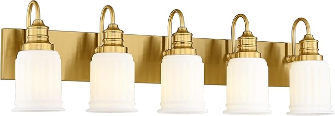5-Light Bathroom Vanity Light, HWH Brushed Gold Bathroom Lighting Fixtures Modern Vanity Sconce Over Mirror 33'' with Frosted White Bell-Shaped Glass, 5HZG106B-5W BG