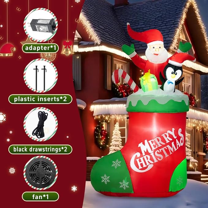 7FT Christmas Inflatable Socks with Santa Inflatable Outdoor Christmas Decorations Blow Up Yard Decoration with LED Lights for Christmas Fun Holiday Party Yard Garden Lawn Decor