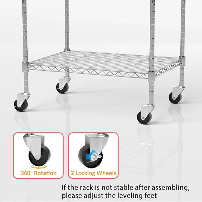 Garage Shelving with Wheels, 5 Tier Shelving Unit and Adjustable Feet, 865 lb High Capacity Rolling Storage Shelf for Kitchen, Office, Dining Room, Garage(23.6"x 17.7"x 72"), Chrome