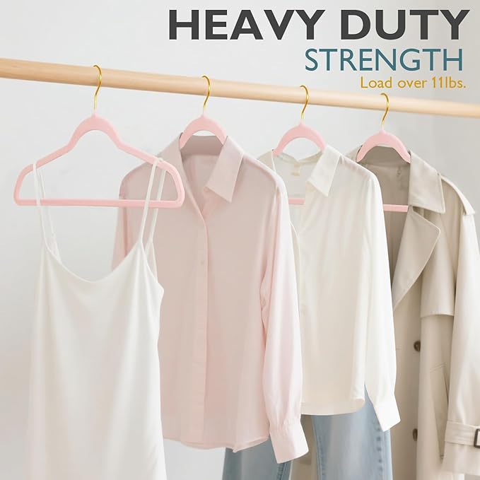 ManGotree Velvet Coat Hangers with 360° Swivel Gold Hook, Non-Slip Felt Suit Hangers, Slim Space Saving Clothes Hanger for Jacket, Sweater, Shirt, Dress, Pants (48 Pack, Light Pink)