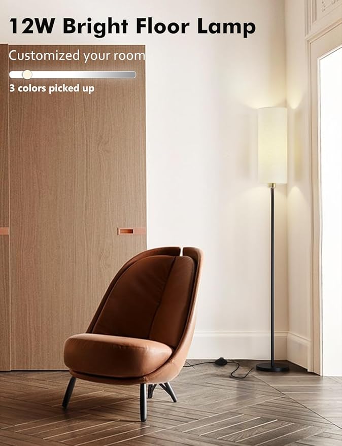 YHW LED Floor Lamp for Living Room with 3 Color Temperatures, Standing Lamp Tall Industrial Reading for Bedroom, Office, 12W LED Bulb, Beige Lampshade Included 68.89‘’