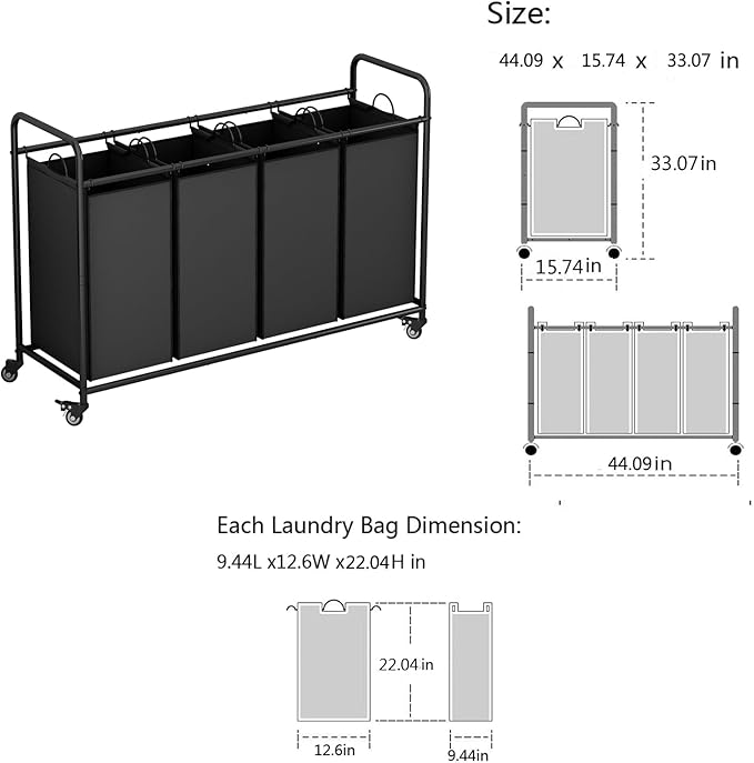 Laundry Sorter 4 Section Hamper Sorter with Heavy Duty Lockable Rolling Wheels Removable Bags Basket Separator for Dirty Clothes Storage,Black