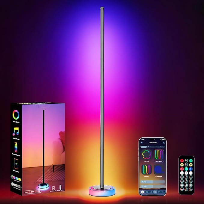 Smart Corner Floor Lamp, RGBICW LED Standing Lamp with App Control, 16 Million Colors with Music Sync, Dimmable Ambient Light for Bedroom, Living Room, Home Decor (Gray)