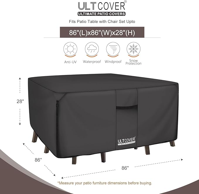 ULTCOVER 600D Tough Canvas Heavy Duty Square Patio Table and Chair Cover - Waterproof Outdoor General Purpose Furniture Covers 86 inch, Black