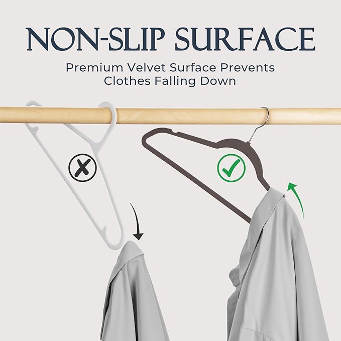 HOUSE DAY Taupe Velvet Hangers 60 Pack, Non Slip Clothes Felt Hanger Heavy Duty for Coat, Premium Slim Space Saving Suit Hangers for Closet Organizer, 360° Rotating Silver Hook