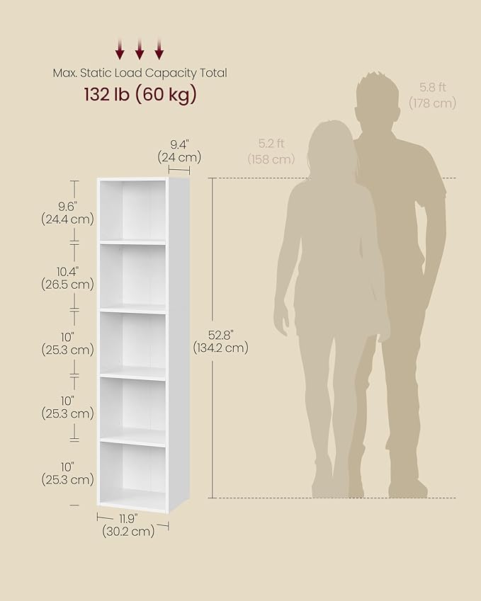 VASAGLE Custos Collection - Bookshelf, 5-Tier Bookcase, Book Shelf, Open Storage Shelf, 9.4 x 11.9 x 52.8 Inches, for Living Room, Home Office, Dinning Room, Cloud White ULBC419W01