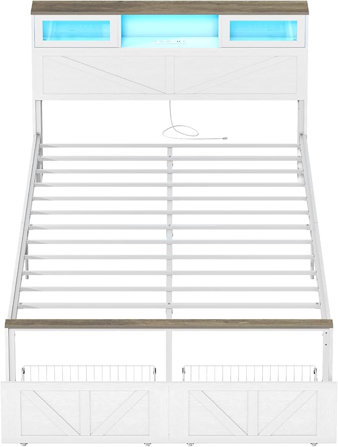 Yoobure Farmhouse Full Size Bed Frame with Headboard, Full Bed Frame with Charging Station & LED Lights, Platform Beds with 2 Storage Drawer, Wood Bedframe, Noise Free, No Box Spring Needed, White