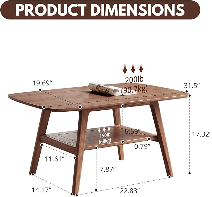 Solid Oak Wood Coffee Table - 2-Tier Modern Center Table, Living Room Tables with Double Storage for Living Rooms, Bedrooms, and Offices (Walnut, 31.49" D x 19.68" W x 17.32" H)