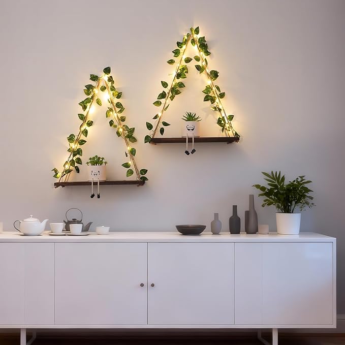 Floating Shelves for Wall, Hanging Shelves with Artificial Pothos LED String Light, No Drilling Hanging Shelf, Wood Hanging Plant Shelves for Wall Décor, Boho Decor, Art Bedroom, 2 Pack