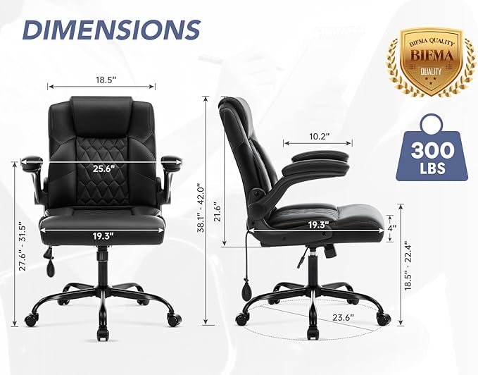 Office Chair with Adjustable Lumbar Support,Leather Ergonomic Computer Desk Chair with Flip-up Arms,Adjustable Tilt Lock,Swivel Rolling Executive PC Chair for Work, Study,Meeting,Small Space.Black