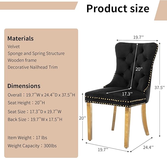 Luxury Upholstered Dining Chairs Set of 4, Black Kitchen Chair with Golden Metal Legs, Velvet Tufted Back Dining Chair, Sillas de Comedor, Modern Kitchen & Dining Room Chairs (Black, 4 Pcs)