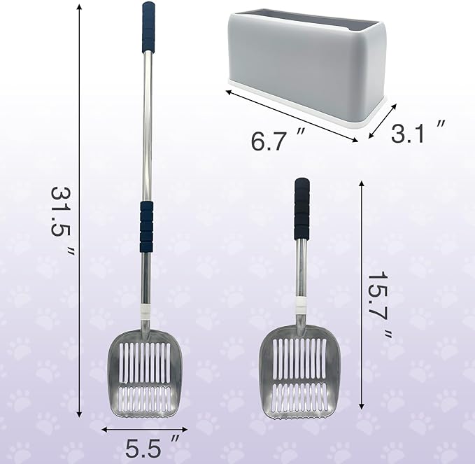 PINVNBY Cat Litter Scooper, Long Handle Litter Sifter Scoop with Litter Scoop Holder Stainless Steel Kitten Scooper Deep Kitty Litter Scooper with Box Metal Detachable Sifting Litter Shovel Set