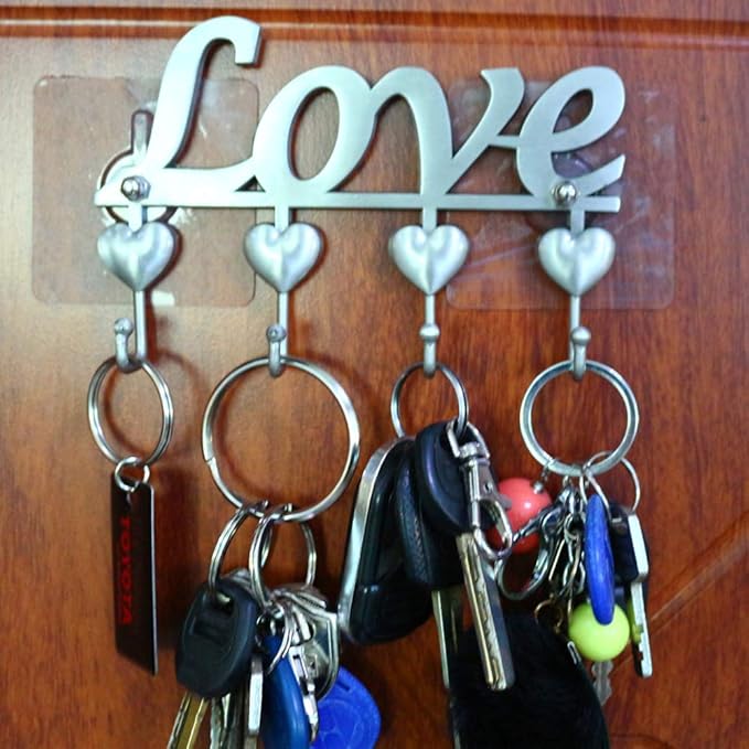 Myartte Key Holder- Key Hooks Decorative for Wall Decorative Zinc Alloy Key Organizer Rack with 4 Hooks -with Screws and Sticker (Antique Sliver Love)