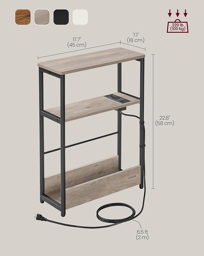 VASAGLE Side Table with Charging Station, Narrow End Table, 3-Tier Nightstand, Sofa Table for Small Spaces, Magazine Rack, for Living Room, Bedroom, Study, Heather Greige and Ink Black ULET335K04