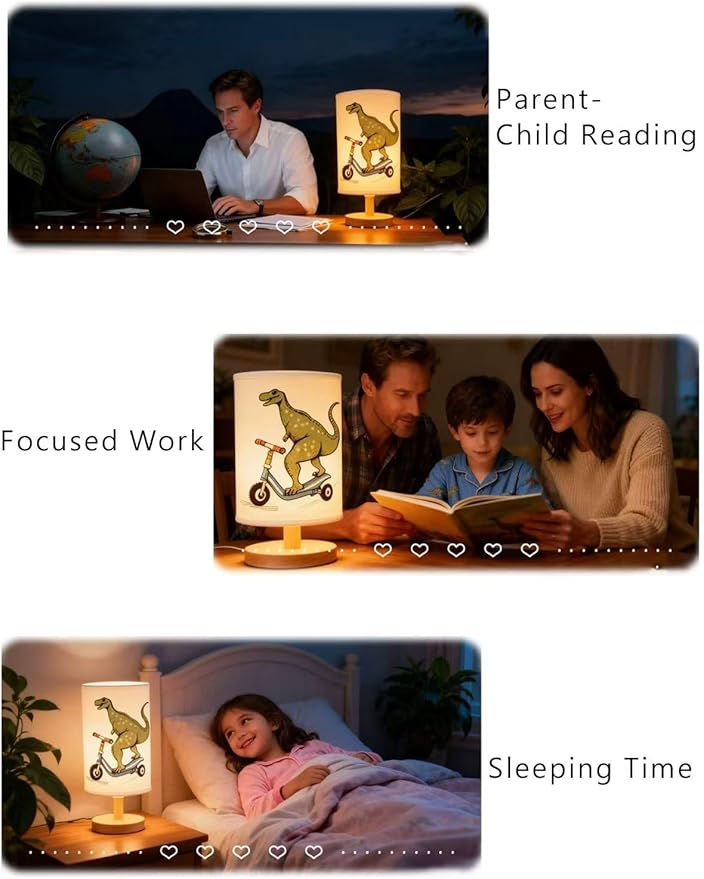 Dinosaur Lamp, Dinosaur Decor Boys Room, 3 Color Night Light Wood Nightstand Desk Base Flaxen Fabric Shade for Bedroom Living Room, Dino Lovers Gifts, LED Bulb Included (Blue Dinosaur)