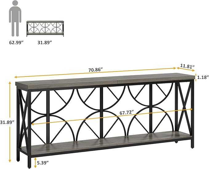 70.9-Inch Extra Long Sofa Table, Narrow Console Table Behind Couch with Storage for Entryway, Living Room, Entrance, Hallway, Foyer, Unique Geometric (Grey)