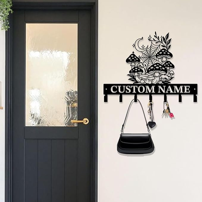 Customized Keys Holder - Personalized Mushroom Wonderland Key Hooks Wall Metal Sign Decor,Wall Holder,Door Hook (Style F)