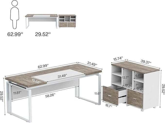 Tribesigns L-Shaped Executive Desk with Reversible File Cabinet, 63" Office Desk with Storage Drawers, L-Shaped Computer Desk with Drawer Cabinet for Hanging Letter Size Files,Gray & White