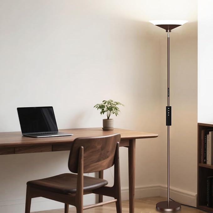 Brown Torchiere Floor Lamp - 30W Dimmable LED Standing Lamp with Remote, 4 Color Temps, Stepless Dimming, 3000-6500K, 1800LM, 72in Tall Floor Light for Office Bedroom Living Room Corner