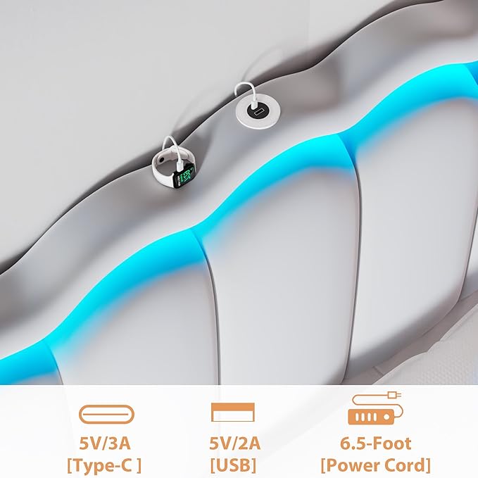 Twin Upholstered LED Bed Frame with Storage Drawer and Adjustable Chic Double Wavy Headboard, Velvet Princess Platform Bed for Girls/Kids, Solid Wood Slats Support, No Box Spring Needed, Grey