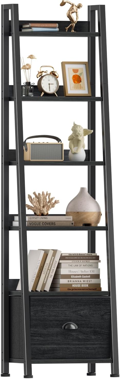 Furologee 6 Tier Ladder Shelf,Ladder Bookshelf with Drawer,Industrial Tall Bookcase,Storage Rack Organizer,Wood Metal Freestanding Shelves for Living Room, Home Office, Bedroom,Black Oak
