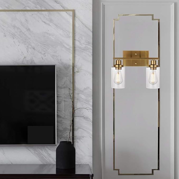 MELUCEE 2-Light Wall Sconce Brushed Brass Vanity Light Fixture Modern Style with Clear Glass Shade for Bathroom Hallway Bedroom Living Room Kitchen