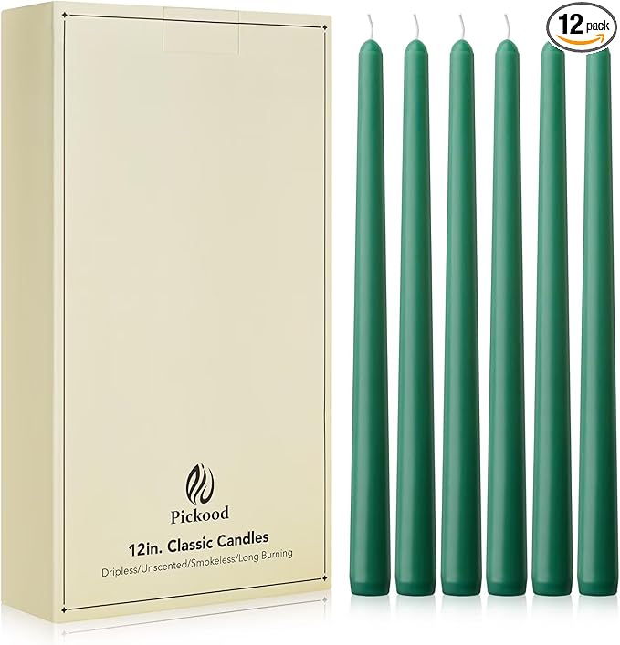New Burning Formula Unscented Dripless 12-Inch Taper Candles Set of 12 - Emerald, for Wedding, Dinner - Smokeless, Long Burning - Hand Poured, Colored Tall Candlesticks - Esmeralda
