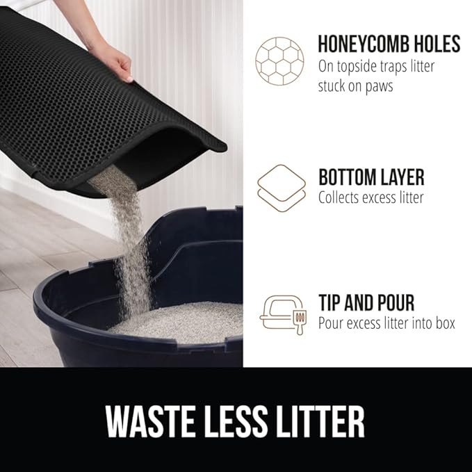 GORILLA GRIP Honeycomb Cat Litter Box Mat, 35x24 Two Layer Trapping Waste Mats, Soft On Paws, Litter Box Supplies and Essentials for Indoor Cats, Traps Excess, Water Resistant for Floors, Black