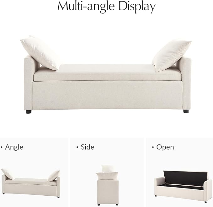HULALA HOME Modern Storage Bench with Throw Pillows, 59.4" Extra Long Bedroom Ottoman Bench for End of Bed, Comfy Upholstered Footstool for Entryway Living Room Dining Room, Linen