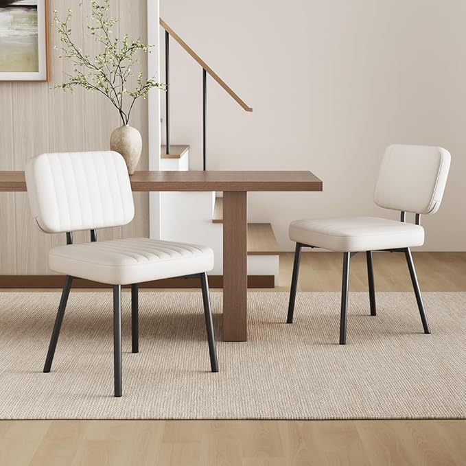 Dining Chairs Set, Upholstered Mid Century Modern Kitchen Dining Room Accent Chairs with Faux Leather Cushion Seat & Metal Legs for Kitchen, Living Room (White, Set of 2)
