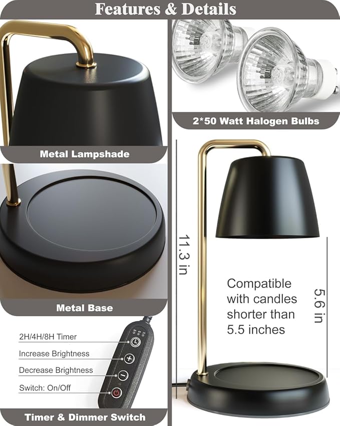 Candle Warmer Lamp with Timer and Dimmer - Electric Candle Lamp Warmer for Jar Candles - Ideal Home Decor Gift for Women, Daughter, and Mom - Includes 2 Bulbs (Black & Gold)