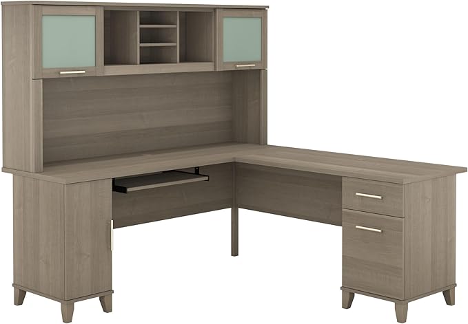 Bush Furniture Somerset L Shaped Desk with Hutch in Ash Gray | Corner Computer Table with Drawers, Cabinets and Pullout Keyboard/Laptop Tray for Home Office