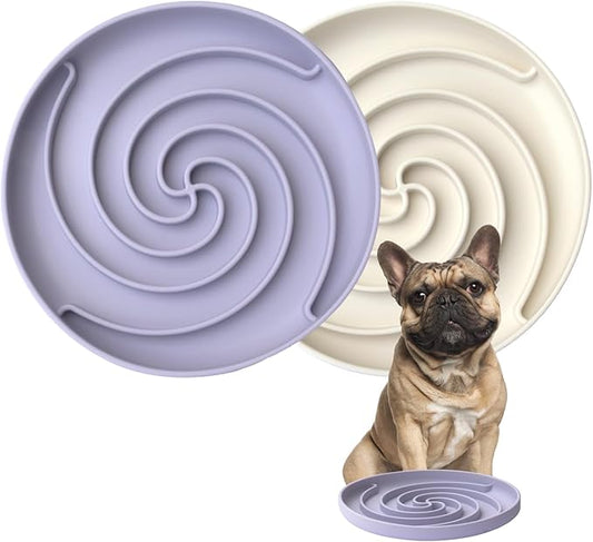 Slow Feeder Dog Bowls, Dishwasher Microwave Safe Silicone Puppy Puzzle Bowl with Non-Slip Design for Eating (White and Purple)