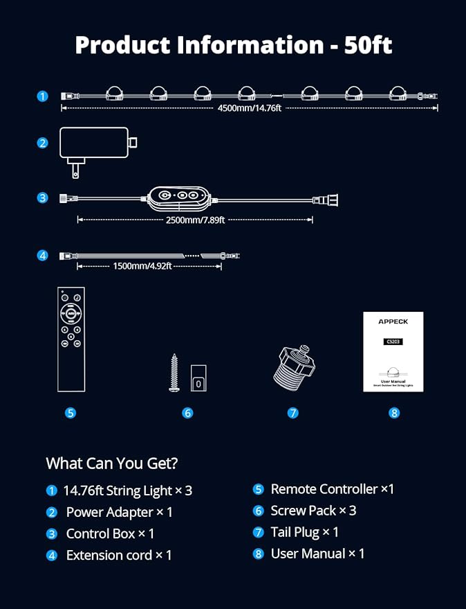APPECK Permanent Outdoor Lights 50ft with 45 LEDs, RGB Color Changing Outdoor String Lights with 60lm Warm White, 111+ Scene Modes, APP/Voice/Remote Control, for Windows Storefront Holiday Decor