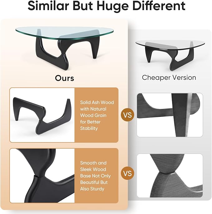 Noguchi Table Triangle Glass Coffee Table Vintage Glass End Table, Solid Wood Base and Triangle Clear Glass Top Modern End Table for Living Room, Patio, Study(Elegant Black)