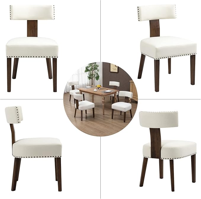 Upholstered Wooden Farmhouse Dining Chairs Set of 2, Mid-Century Modern Fabric Dining Room Chairs with Wood Legs, Curved Backrest Kitchen Armless Accent Chairs for Living Room, Beige