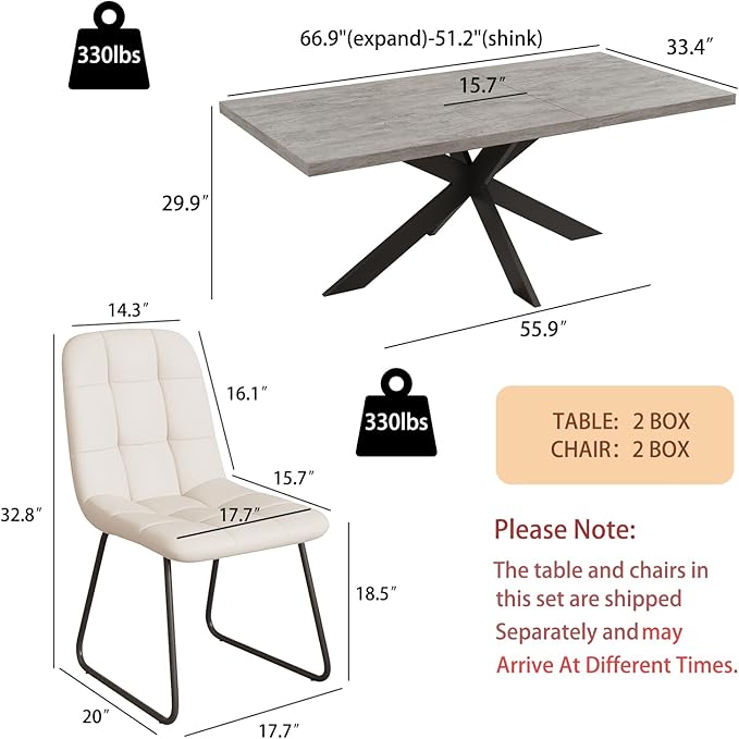 ZckyCine 6-8 Person Modern Rectangular Dining Table Set with 6 Chairs, Expandable Kitchen Table (51 to 63 Inches), Space-Saving Design, Metal Frame, Gray Tabletop & White PU Leather Chairs