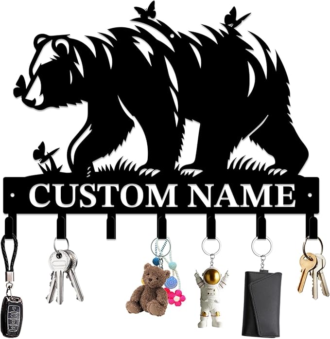 Personalized Custom Name Bear Key Wall Hooks,Metal Bear Keys Clothes Hooks,Metal Bear Wall Home Storage Decorative,For Front Door, Hallway, Kitchen, Bedroom,Keys,Hats (Style G)