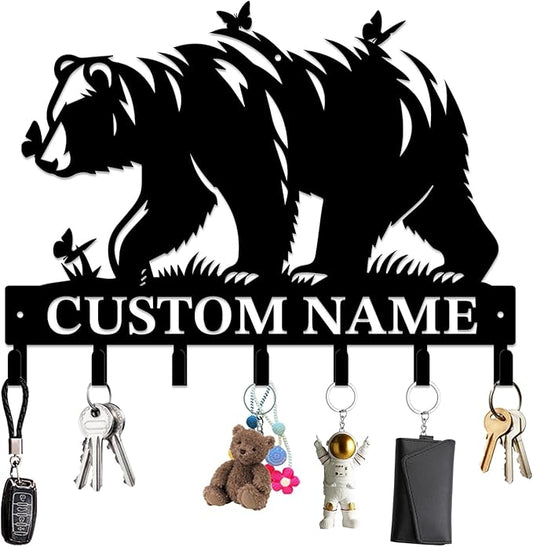 Personalized Custom Name Bear Key Wall Hooks,Metal Bear Keys Clothes Hooks,Metal Bear Wall Home Storage Decorative,For Front Door, Hallway, Kitchen, Bedroom,Keys,Hats (Style G)